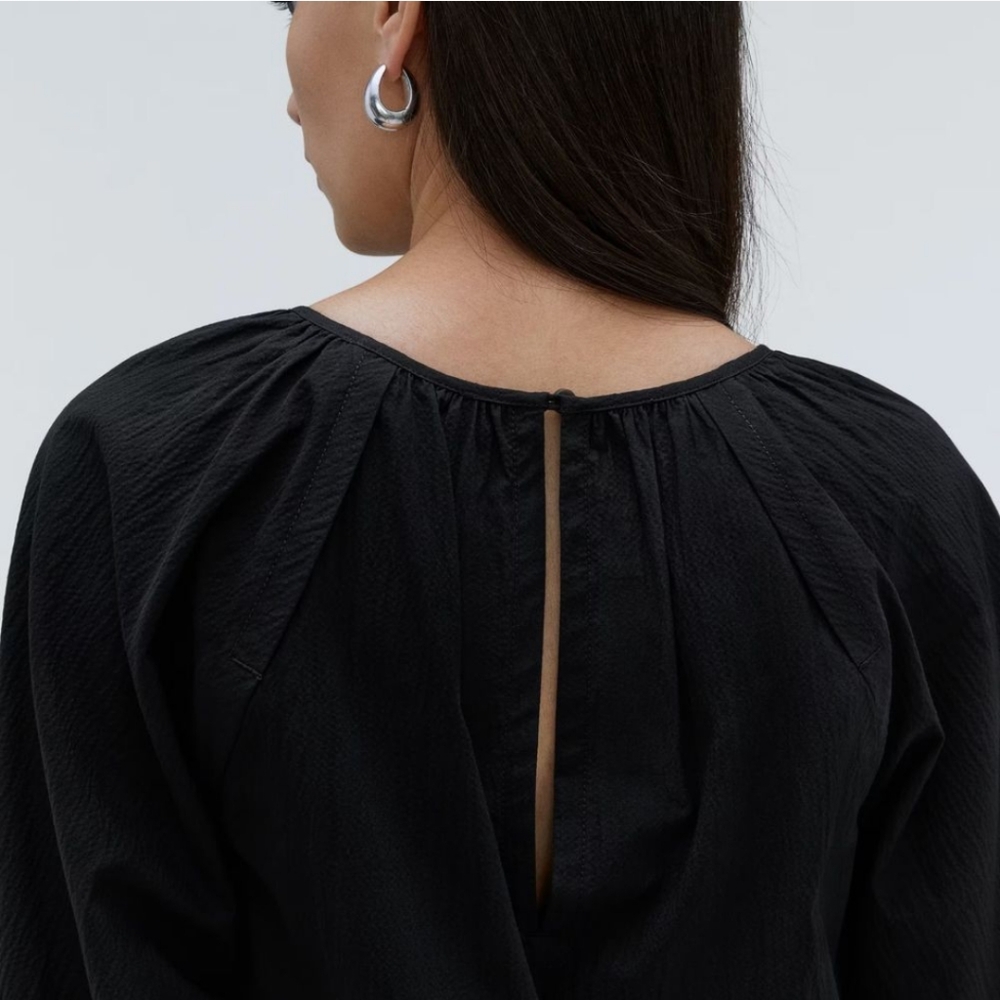 NWT Everlane Seersucker Puff Sleeve Mini Dress Black Size Medium - Picture 13 of 16